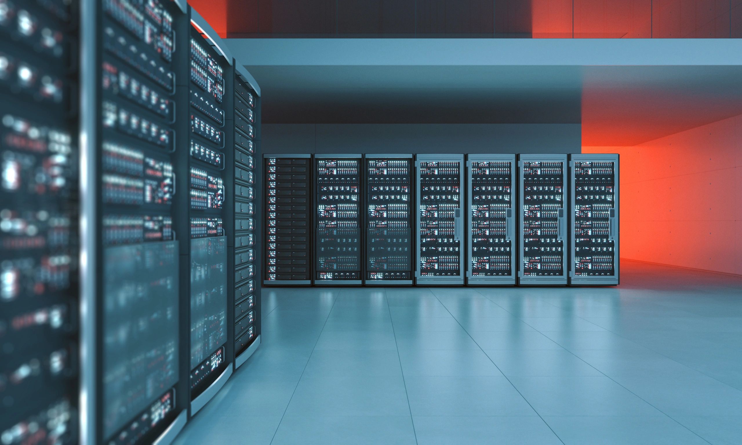 Computer servers in a modern and clean data center