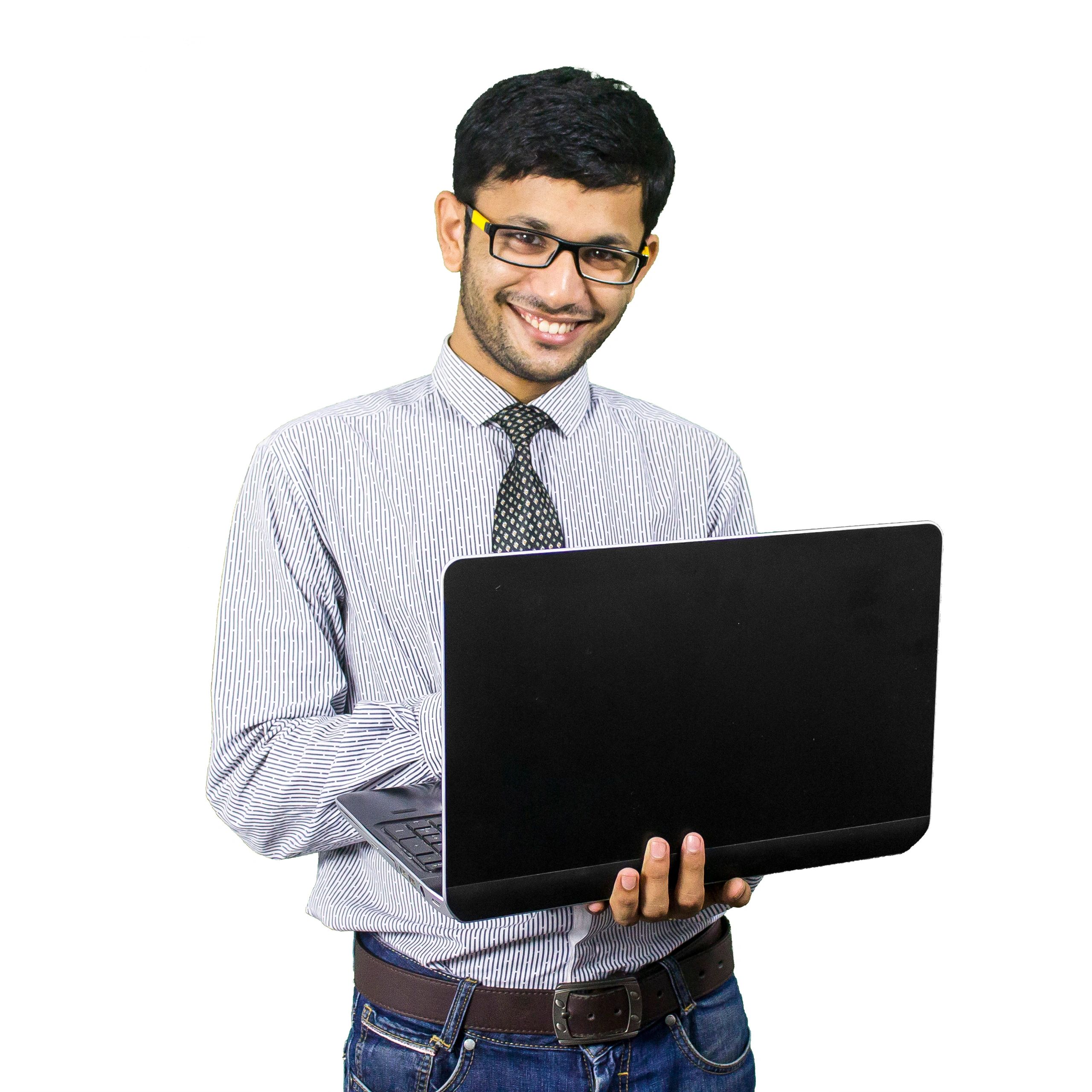 Portrait of a happy customer working on a laptop